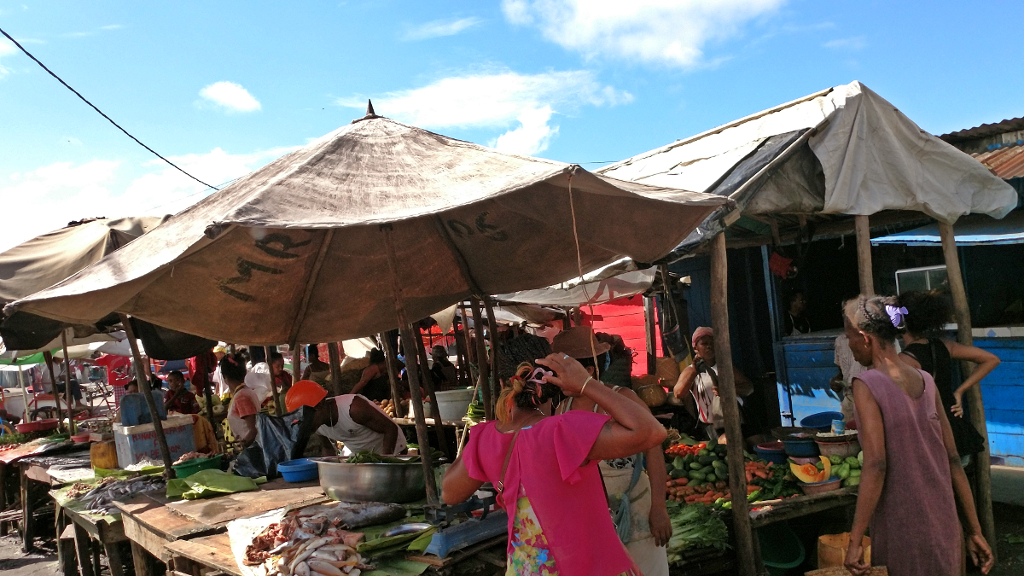 A roadside market in Toamasina, Madagascar. Fresh fish, fruit, and vegetables.